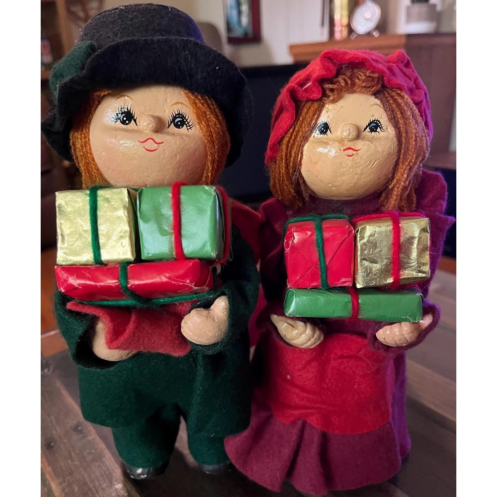 Set of 2 Vintage Paper Mache Christmas Boy & Girl Gift Bearer Figure Decorations